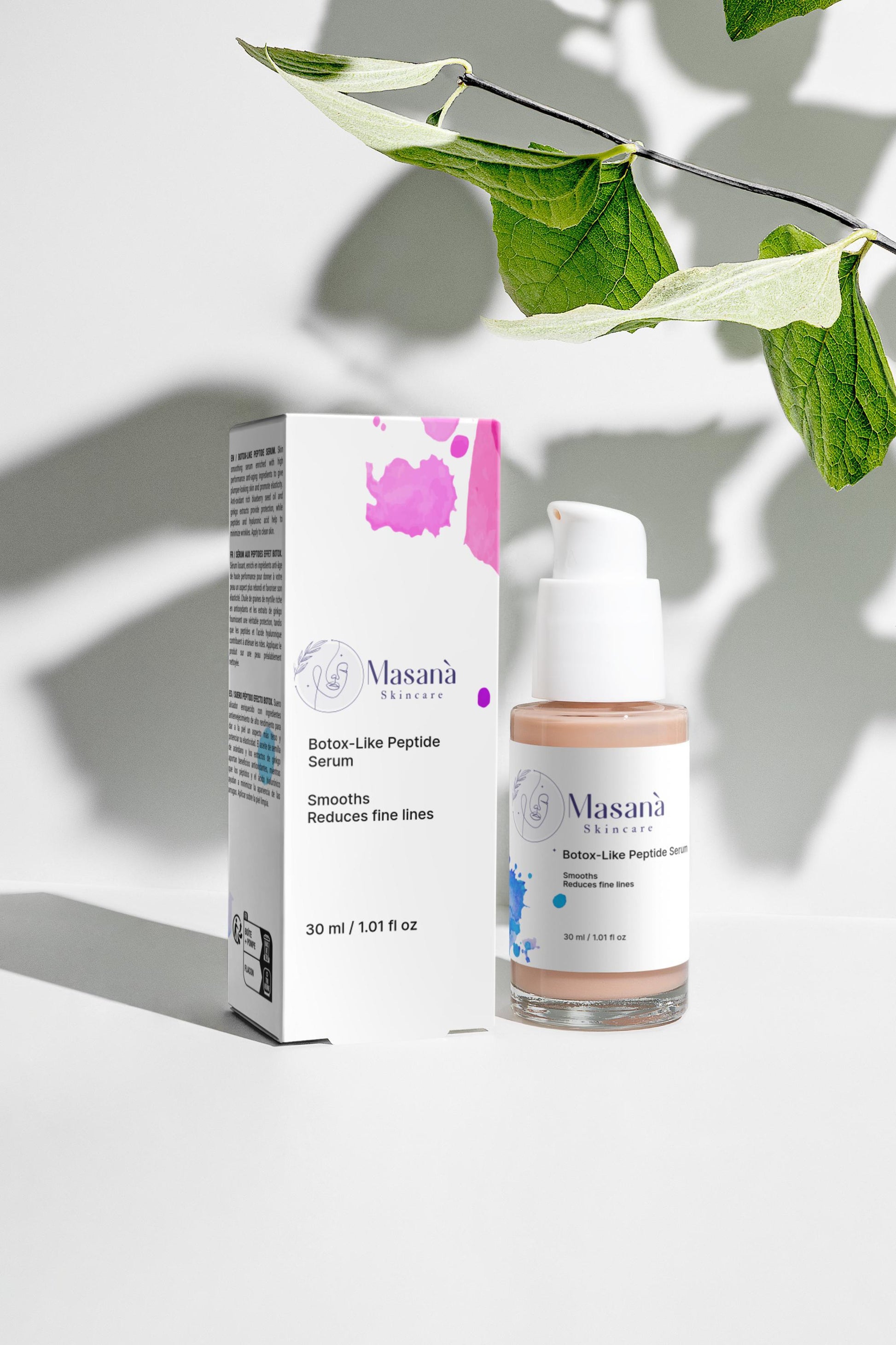 Masanà Peptide Serum with box – anti-aging face serum with hyaluronic acid, ginkgo extract, and peptides for smoother, firmer, and youthful skin