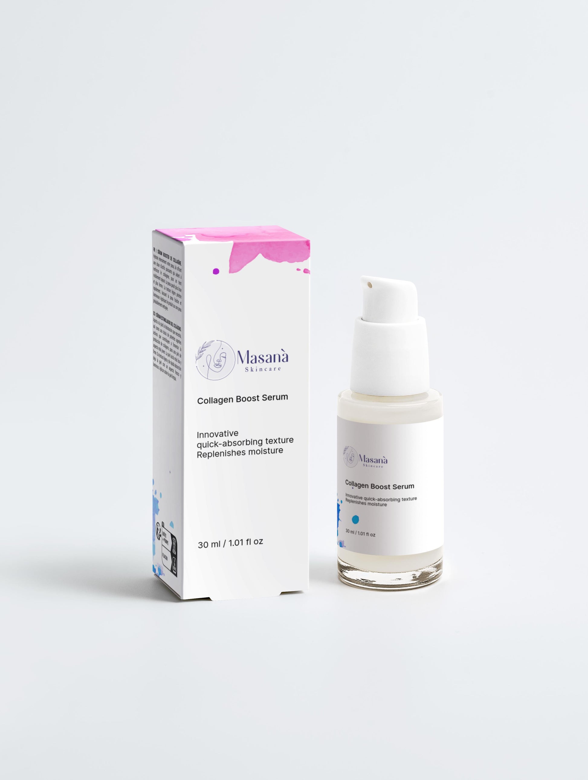 Masanà Collagen Boost Serum with box – vegan serum with powerful actives to support collagen production and promote youthful skin