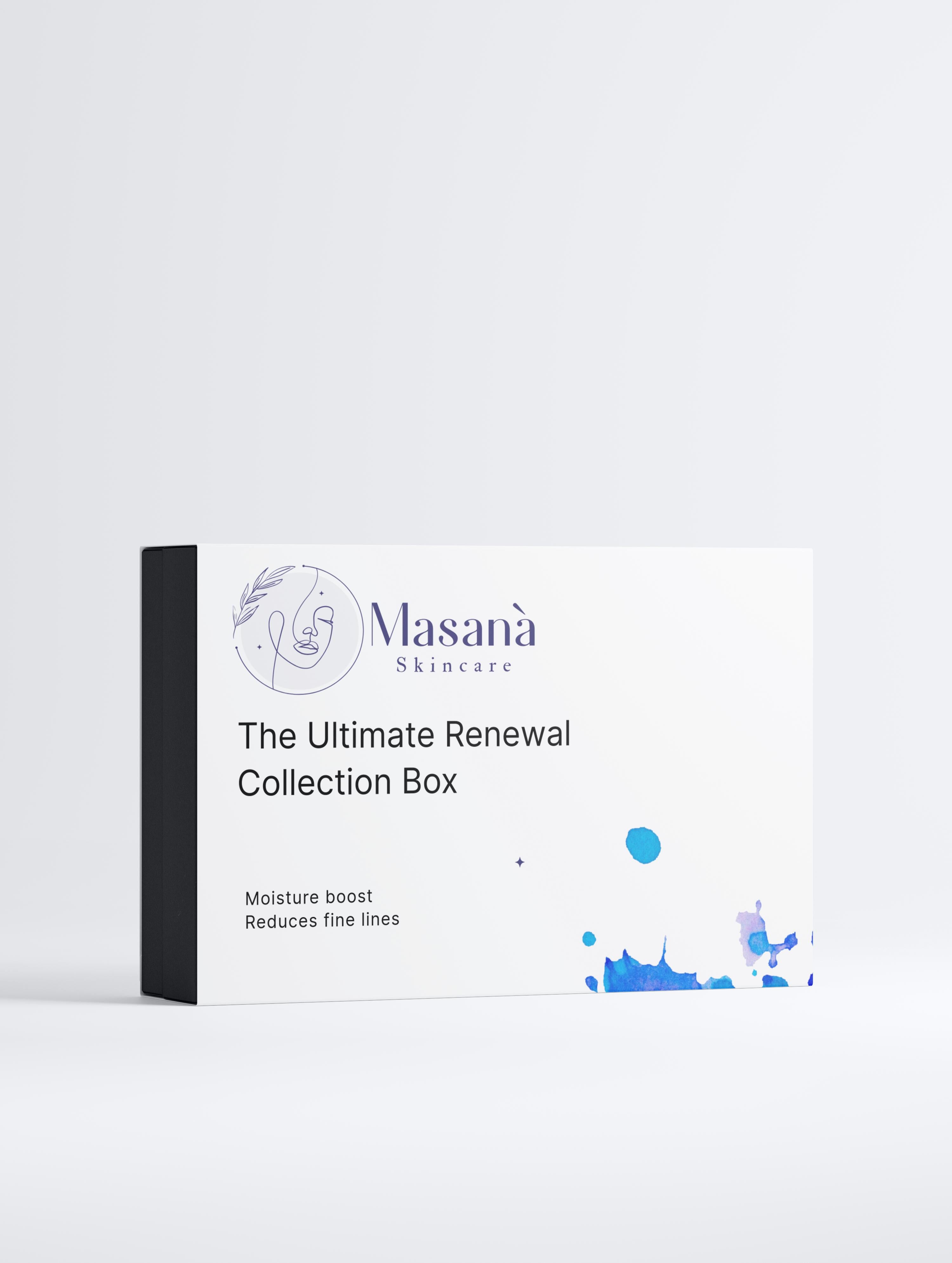 Masanà Ultimate Renewal Collection Box – skincare set with hydrating gel, peptide serum, and AHA peeling concentrate for smooth, radiant skin