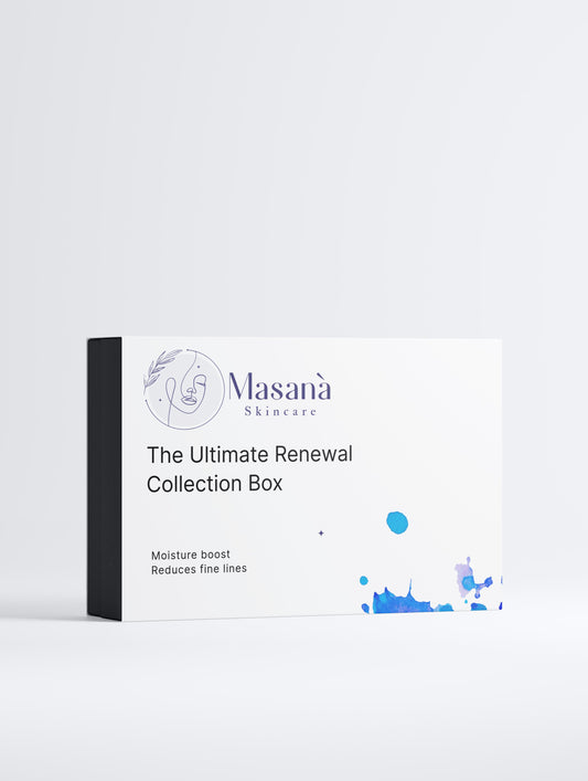 Masanà Ultimate Renewal Collection Box – skincare set with hydrating gel, peptide serum, and AHA peeling concentrate for smooth, radiant skin