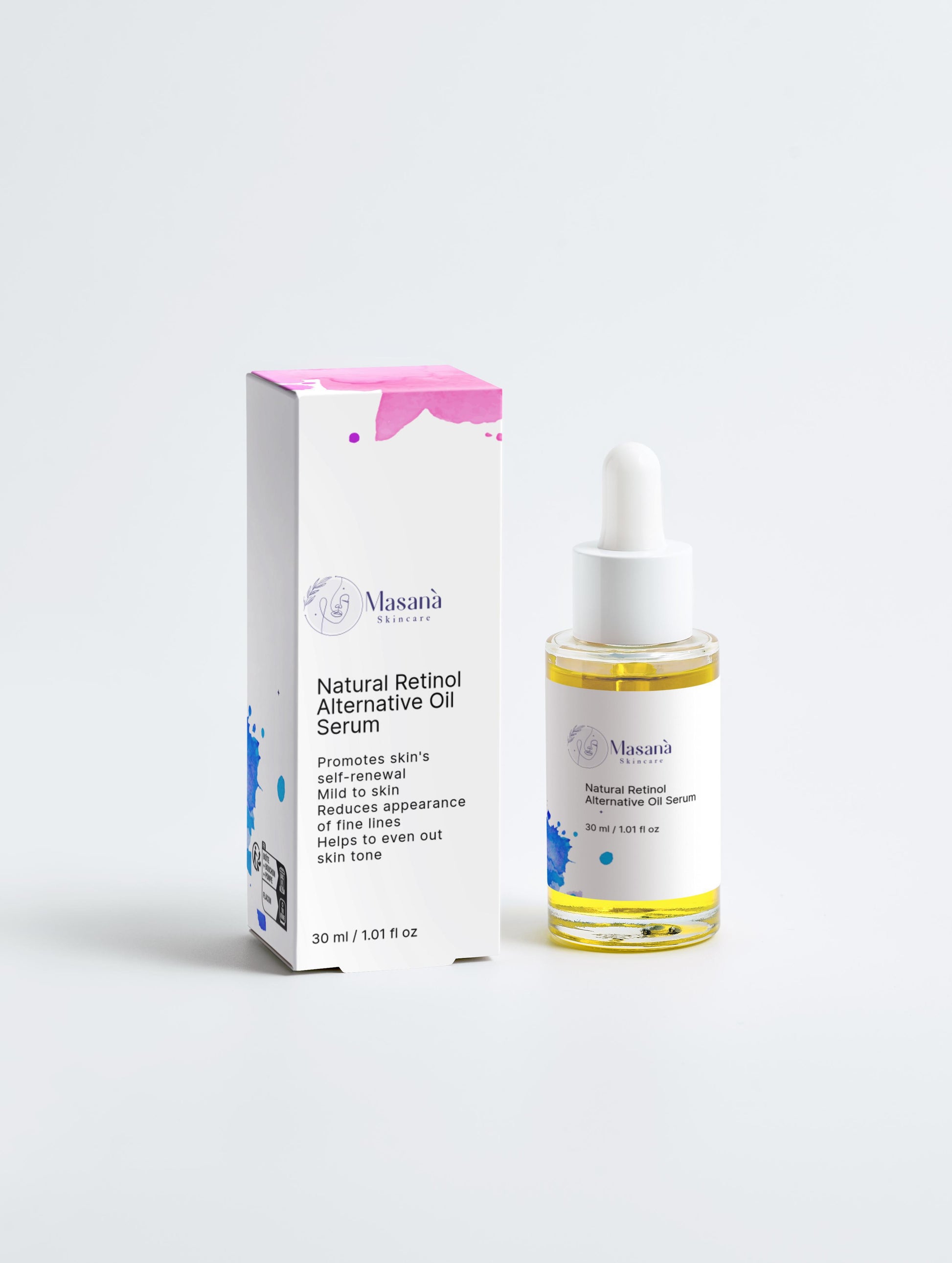 Masanà Natural Retinol Alternative Serum with box– bakuchiol-infused oil for boosting elasticity and revitalizing dull or mature skin