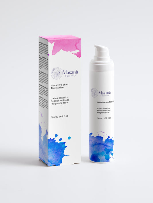 Masanà Sensitive Skin Moisturiser with packaging – gentle, nourishing daily cream for redness-prone and sensitive skin, fragrance-free and vegan