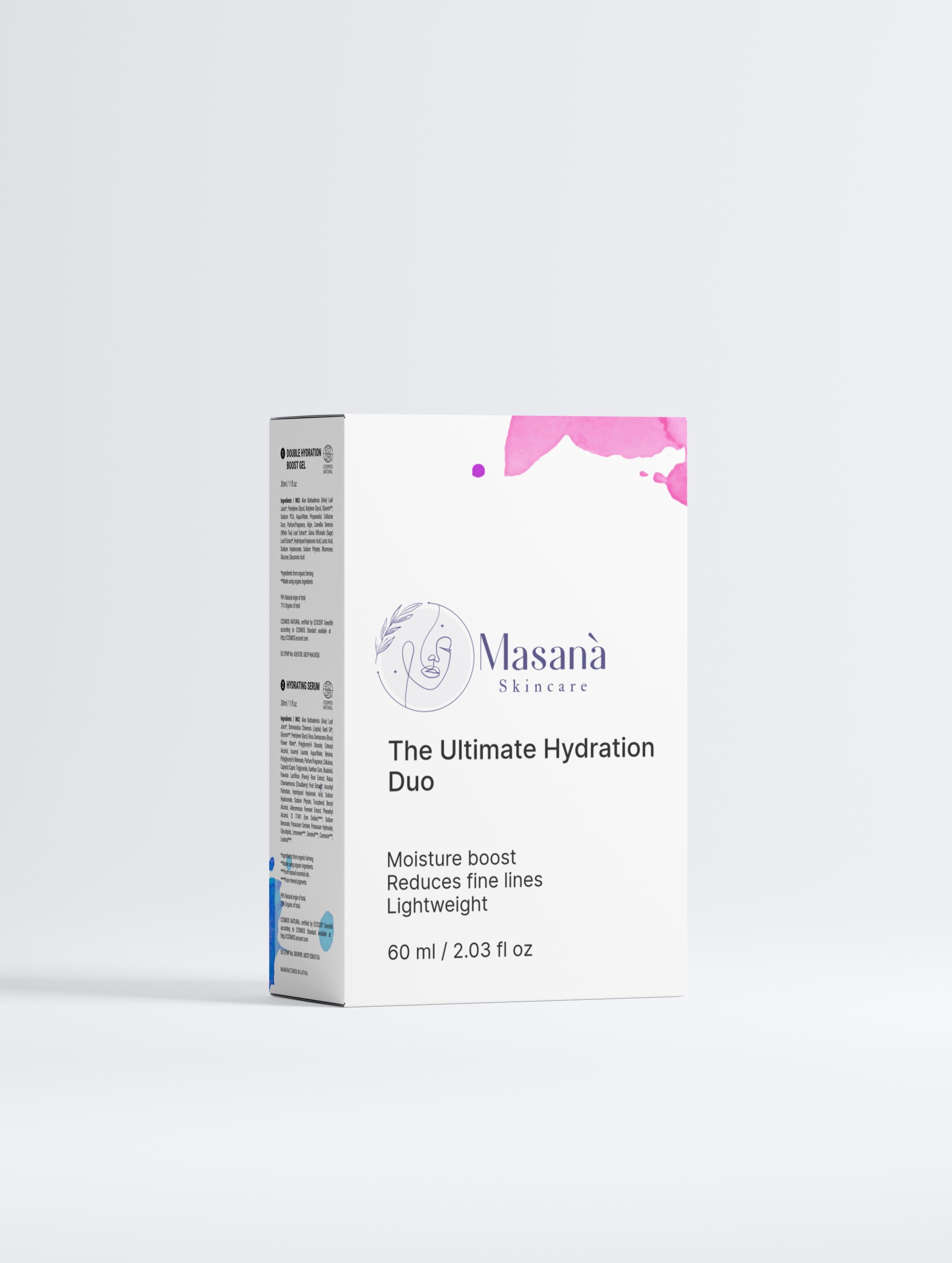 Masanà Deep Hydration Skincare Set packaging – duo set designed for intense moisture boost with hydrating serum and hyaluronic acid gel