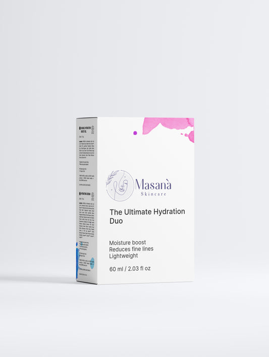 Masanà Deep Hydration Skincare Set packaging – duo set designed for intense moisture boost with hydrating serum and hyaluronic acid gel