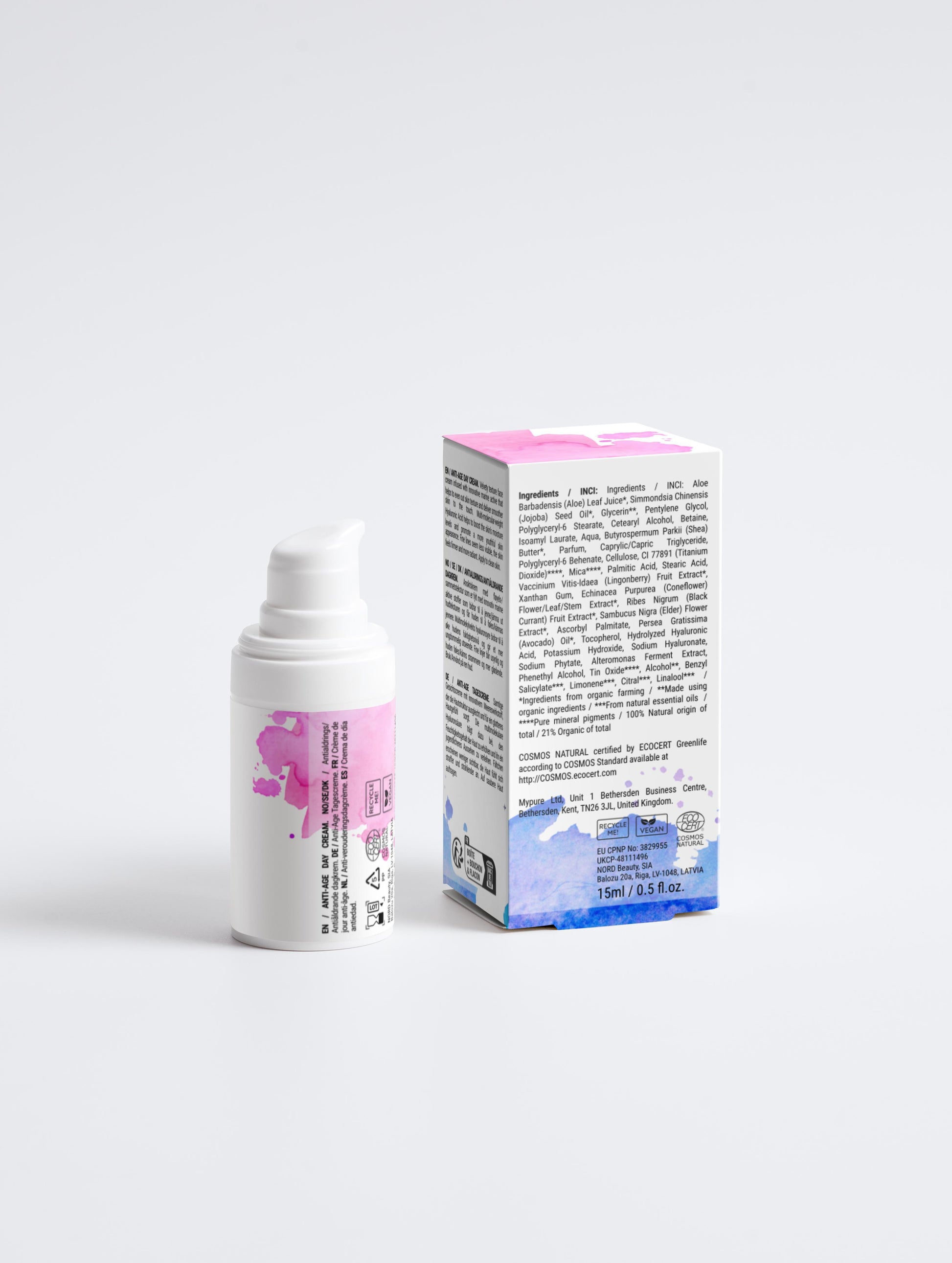 Back of Masanà Anti-Age Face Cream packaging – includes ingredients like hyaluronic acid, jojoba oil, aloe, and marine actives with usage instructions