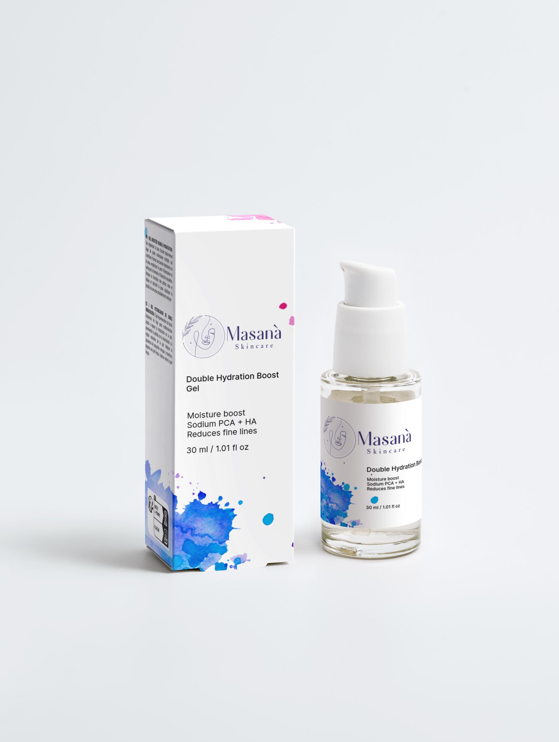 Masanà Double Hydration Boost Gel with box – hyaluronic acid face gel for deep moisture, skin plumpness, and hydration barrier support