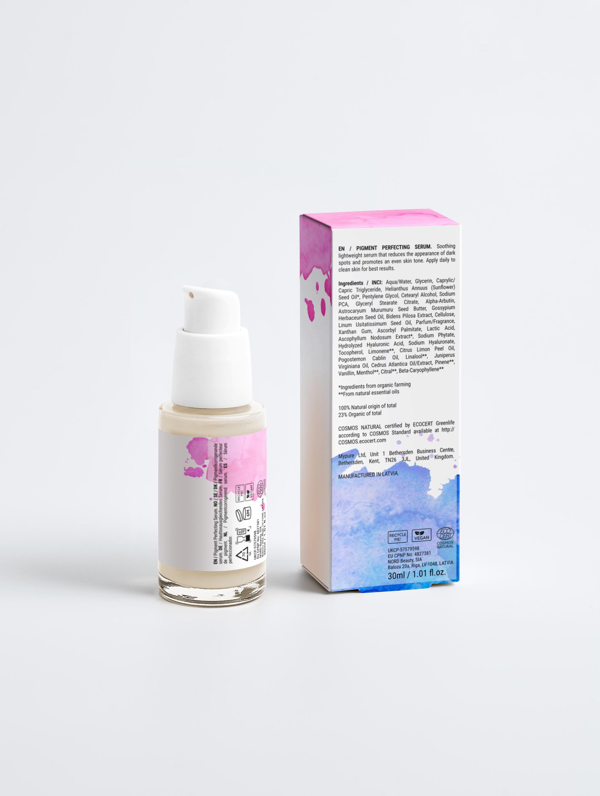 Back of Masanà Pigment Perfecting Serum and packaging – ingredient list, usage instructions, and scent notes including vetiver root and almond