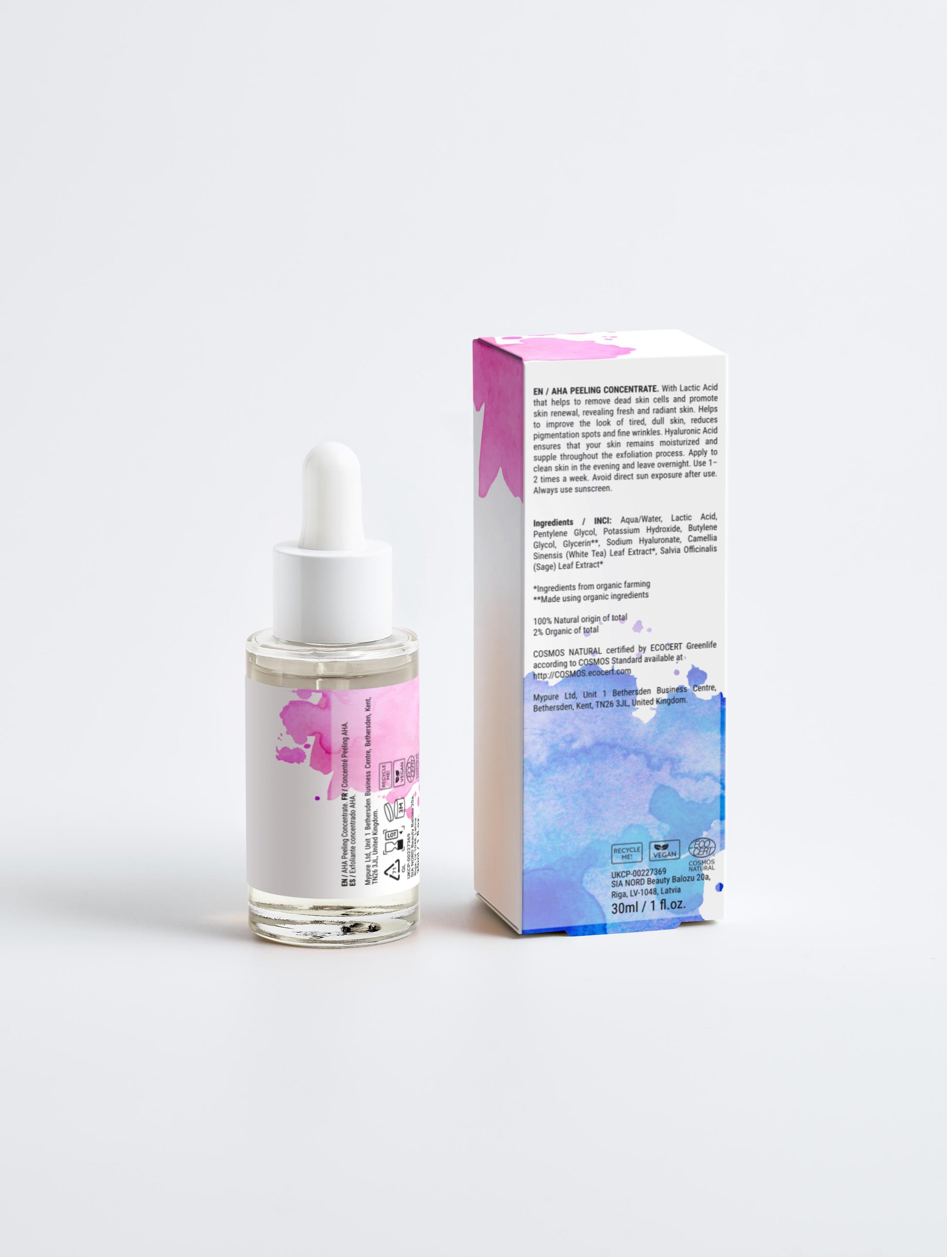Back of Masanà AHA Peeling Concentrate bottle and packaging – ingredient list including 10% lactic acid and 1% hyaluronic acid with usage instructions and skincare warnings
