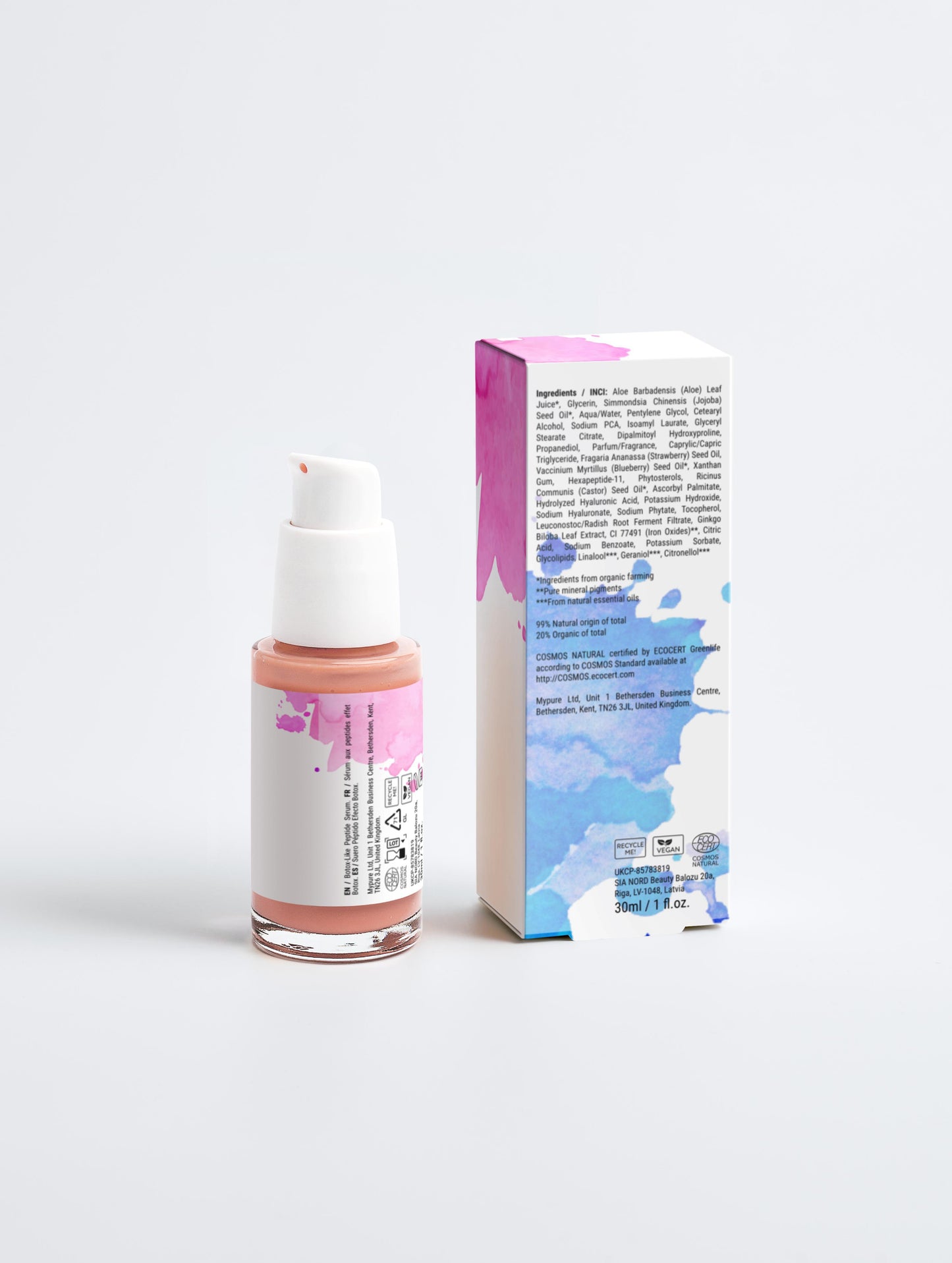 Back of Masanà Peptide Serum bottle and packaging – ingredient list including peptides, hyaluronic acid, ginkgo extract, and usage instructions