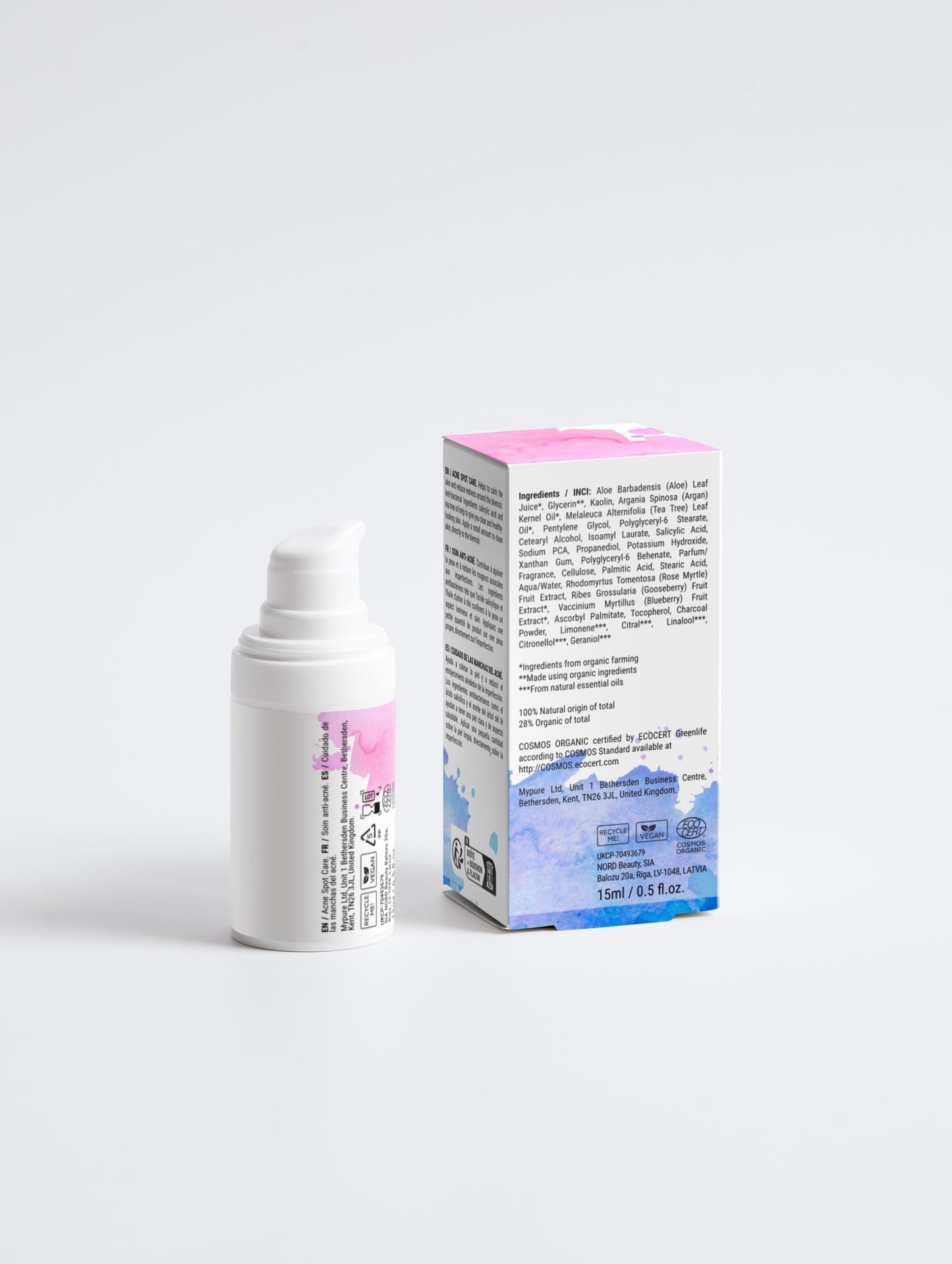 Back of Masanà Acne Spot Care Serum packaging – includes ingredients like salicylic acid and tea tree oil, with usage instructions and vegan/cruelty-free labels