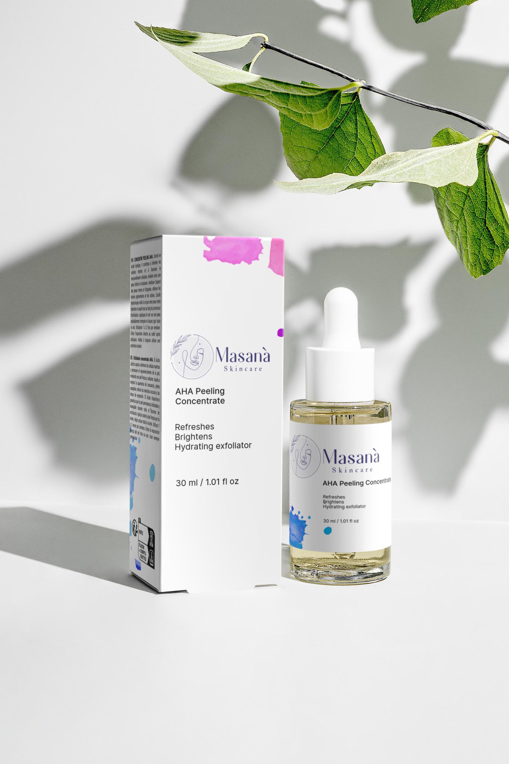 Masanà AHA Peeling Concentrate with box – gentle overnight exfoliator with 10% lactic acid and 1% hyaluronic acid for skin renewal and hydration