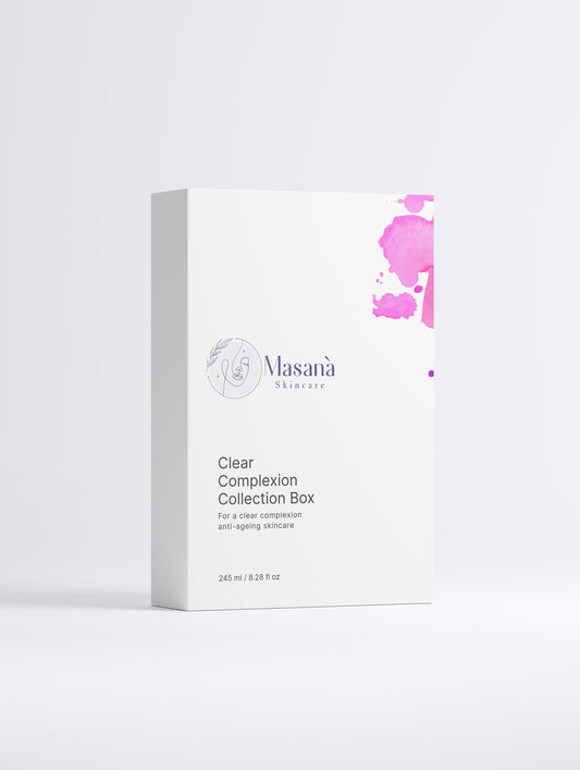 Masanà Clear Complexion Collection Box – natural vegan skincare set with clarifying gel, anti-age cream, and bakuchiol serum for blemish-prone and aging skin
